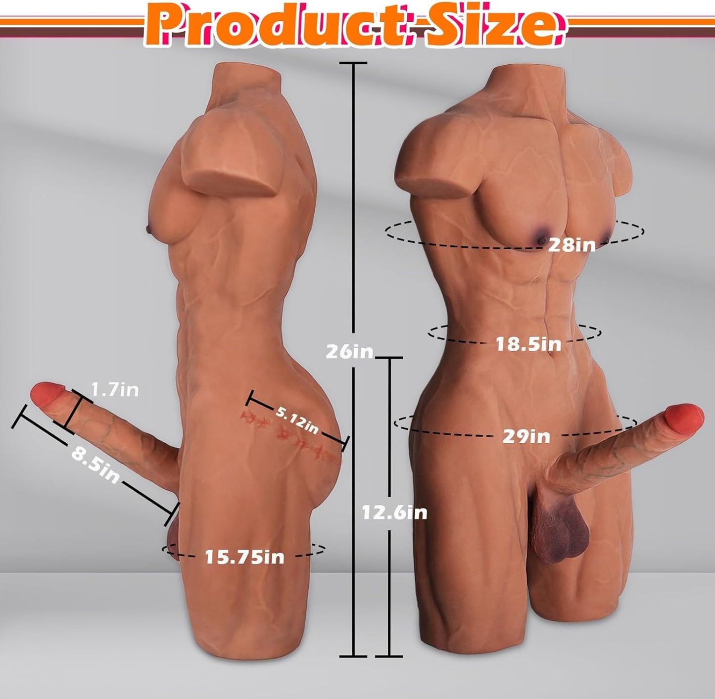 Sex Doll Torso - 35 LB Sex Doll for Women, Large Torso Dildo with 8.5 Inch Huge Penis & 5.1 Inch Anal & Built-in Skeleton & Muscle Abs, Brown TPE Realistic Male Torso Sex Toy for Women Men Gay Couples